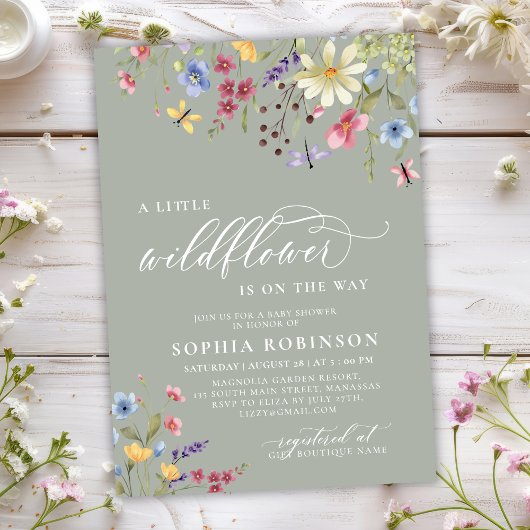 Invitation Petit Fleur sauvage Script Baby shower Boho vert