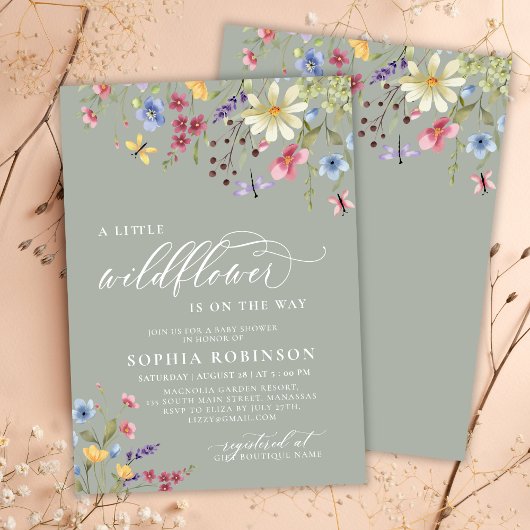 Invitation Petit Fleur sauvage Script Baby shower Boho vert