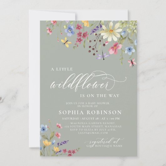 Invitation Petit Fleur sauvage Script Baby shower Boho vert (Devant)