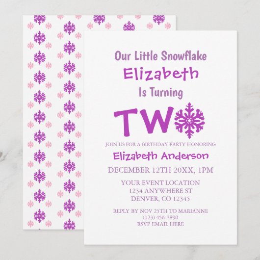 Invitation Petit flocon de neige 2e anniversaire (Devant / Derrière)