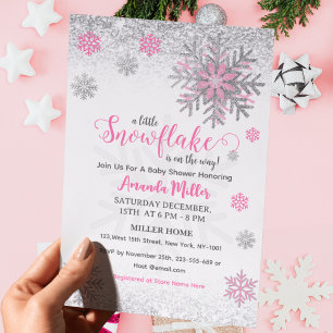 Invitation Petit flocon de neige Rose Argent Pailleté Baby Sh