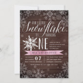Invitation Petit Flocon de neige rose Bois rustique Premier a (Devant)