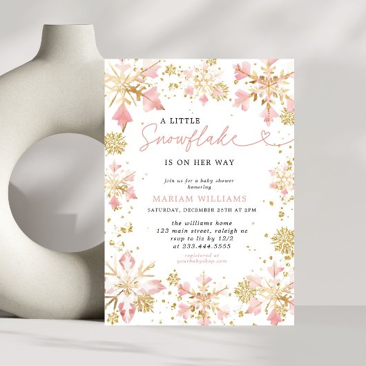 Invitation Petit Flocon de Neige Rose Or Fille Baby Shower