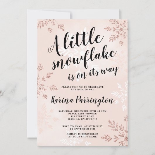 Invitation Petit flocon de neige rose or rose script baby sho (Devant)