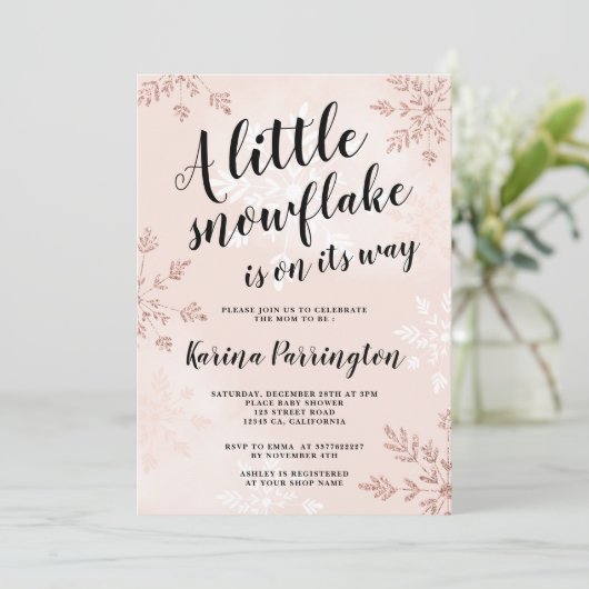 Invitation Petit flocon de neige rose or rose script baby sho (Debout devant)