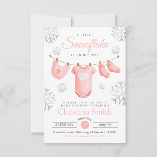 Invitation Petit Flocon De Neige Sur Le Chemin Pink Baby Girl (Devant)