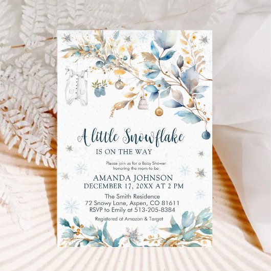Invitation Petit Flocon d'Or Bébé Shower d'Hiver