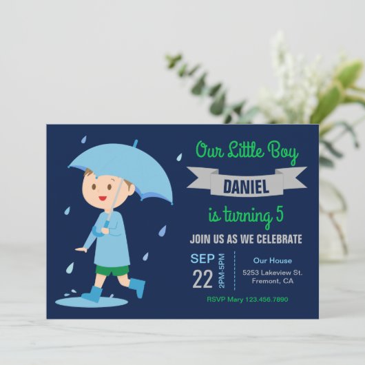 Invitation Petit garçon avec parapluie | Rainy Day Birthday P (Debout devant)