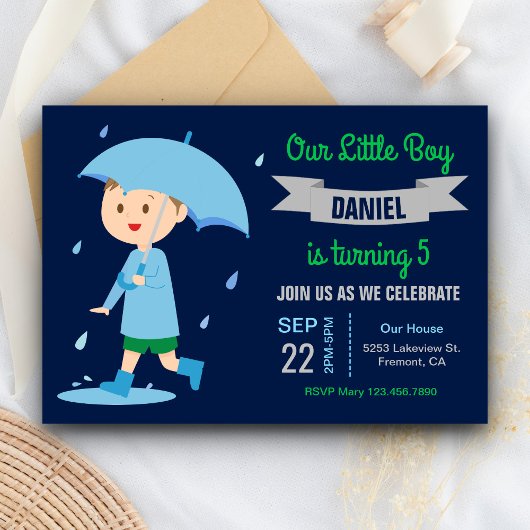 Invitation Petit garçon avec parapluie | Rainy Day Birthday P