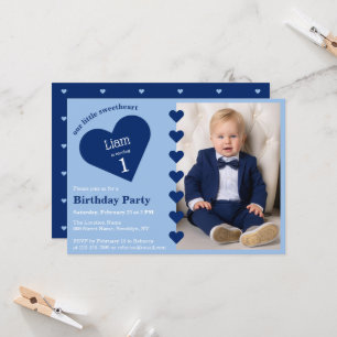 Invitation Petit Garçon Chéri Photo & Cœur Bleu Anniversaire