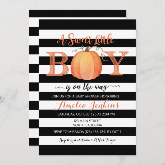 Invitation Petit garçon Citrouille Baby shower d'automne Invi (Devant / Derrière)