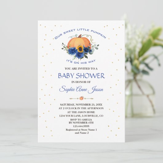 Invitation Petit garçon Citrouille Floral Thanksgiving Baby s (Debout devant)