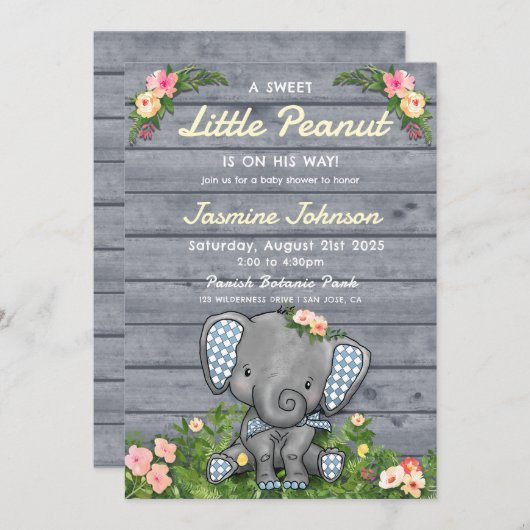 Invitation Petit Garçon d'arachide éléphant Floral Rustique B (Devant / Derrière)