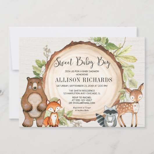 Invitation Petit garçon doux forêt amis bois baby shower (Devant)