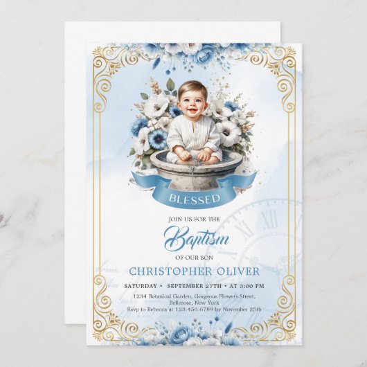 Invitation Petit garçon mignon dans le fond bleu fleurs cadre (Devant / Derrière)