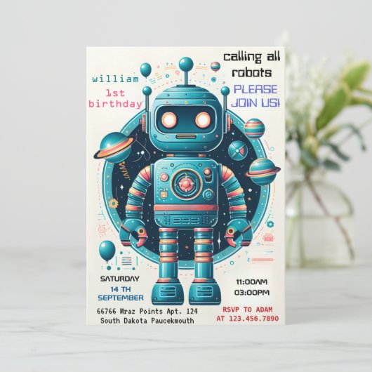 Invitation petit garçon mignon Toy drôle robot premier 1er an (Debout devant)