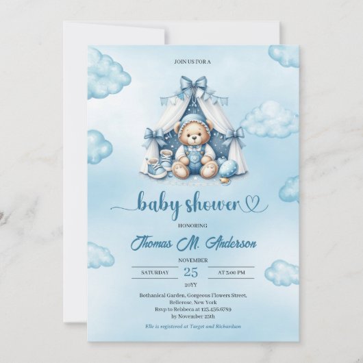 Invitation Petit garçon ours en peluche dans la tente bleu br (Devant)