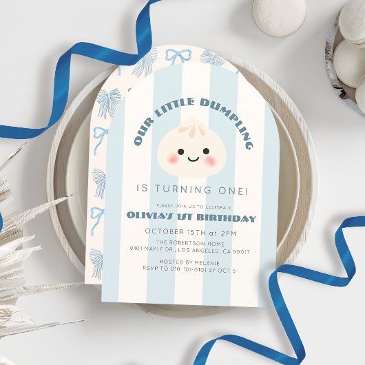 Invitation Petit garçon rayures bleues Dumpling 1er anniversa