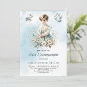Invitation Petit garçon religieux fleurs bleues Première comm (Debout devant)