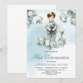 Invitation Petit garçon sainte bible Habit formel bleu floral (Devant / Derrière)