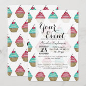 Invitation Petit gâteau rose et bleu mignon avec la cerise (Devant / Derrière)