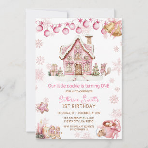 Invitation Petit gâteau rose Noël 1er anniversaire