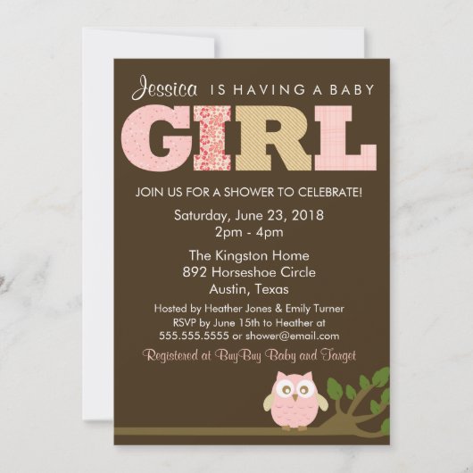 Invitation Petit hibou Baby Girl Douche Invitation, Motif (Devant)