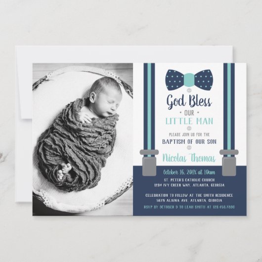Invitation Petit Homme Baptême Invitation, Bleu, Aqua (Devant)