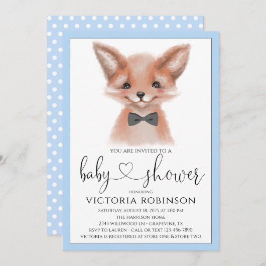 Invitation Petit Homme Fox Boy Baby shower de bois (Devant / Derrière)