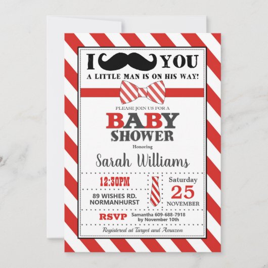 Invitation Petit Homme Mustache Baby shower bébé garçon (Devant)