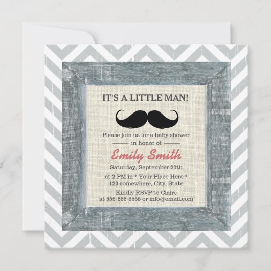 Invitation Petit Homme Mustache Chevron Stripes Baby shower (Devant)