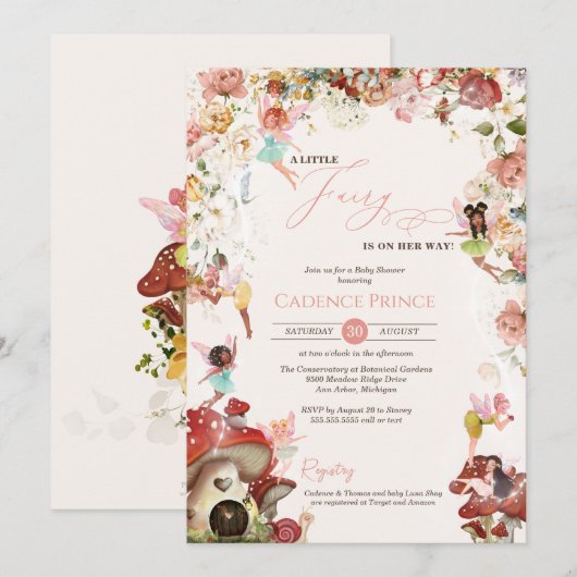Invitation Petit Jardin Fairy Fleur Bébé Fille Douche (Devant / Derrière)