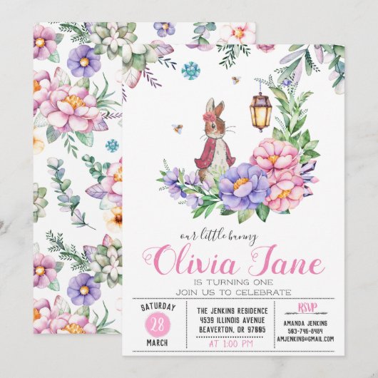 Invitation Petit lapin Anniversaire de printemps (Devant / Derrière)