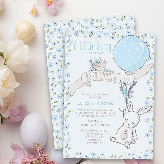 Invitation Petit lapin avec Balloon Cute Boy Baby shower