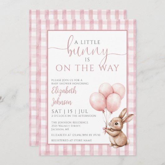 Invitation Petit Lapin Balloons Rose Baby shower fille (Devant / Derrière)