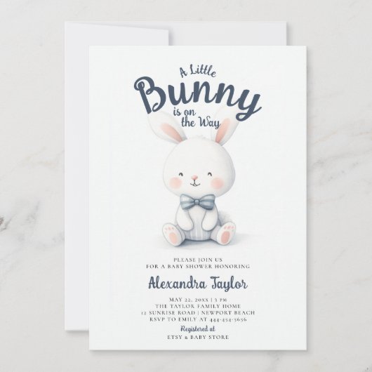 Invitation Petit lapin Bow Cravate Marine Blanc Bébé Garçon d (Devant)