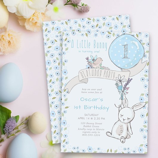 Invitation Petit Lapin et Bleu Balloon N'importe quel âge Gar