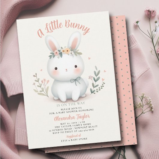 Invitation Petit Lapin Fleur sauvage mignon bébé fille douche