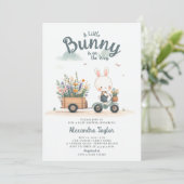 Invitation Petit Lapin Fleur sauvage Wagon Bleu Baby Boy Douc (Debout devant)
