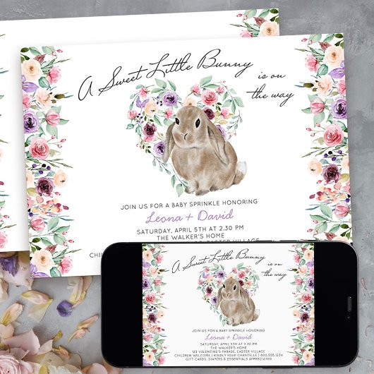 Invitation Petit Lapin Floral Amour Coeur Bébé Parsemer