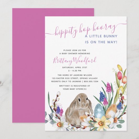 Invitation Petit lapin lapin et Baby shower à fleurs de print (Devant / Derrière)