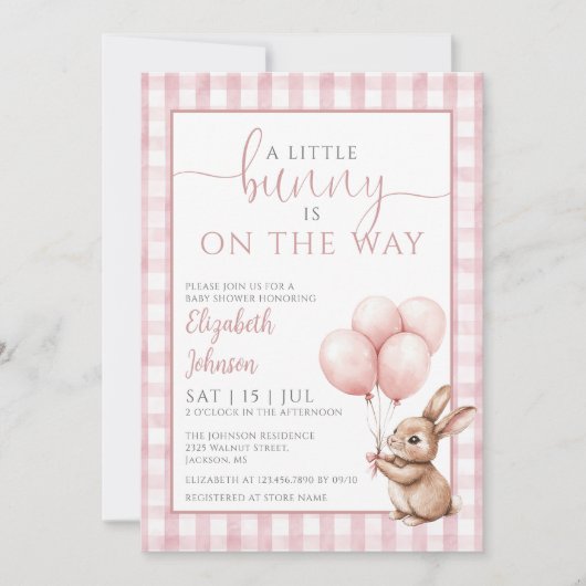 Invitation Petit lapin rose Baby shower photo Code QR (Devant)