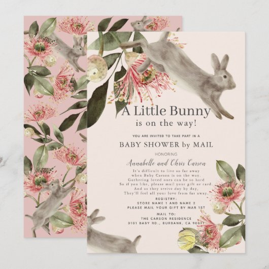 Invitation Petit lapin rose floral fille Baby shower par cour (Devant / Derrière)