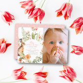 Invitation Petit lapin rose florale fille 1er anniversaire Ph