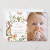 Invitation Petit lapin rose florale fille 1er anniversaire Ph (Devant)
