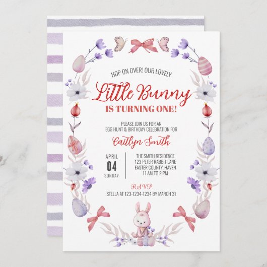 Invitation Petit Lapin Tourne Un, Anniversaire Du Printemps (Devant / Derrière)