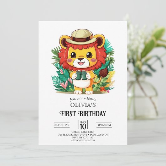 Invitation Petit Lion coloré 1er anniversaire numérique (Debout devant)