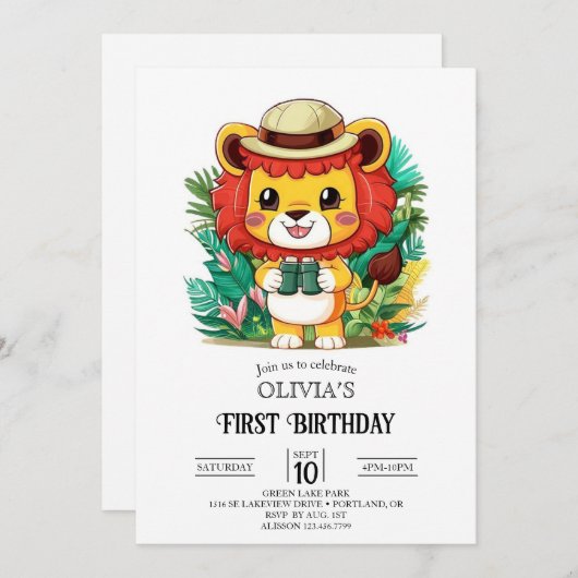 Invitation Petit Lion coloré 1er anniversaire numérique (Devant / Derrière)