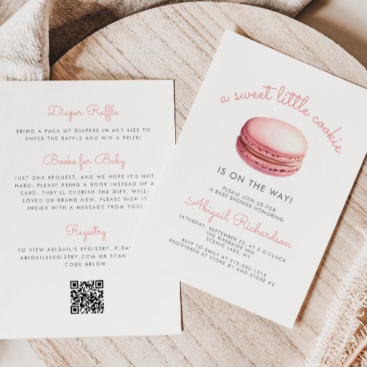 Invitation Petit Macaron Code QR Cookie Rose Fête de Naissanc