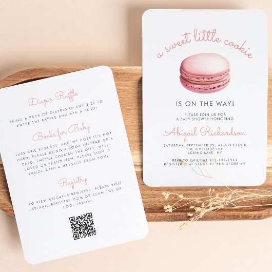 Invitation Petit Macaron Code QR Rose Baby Shower